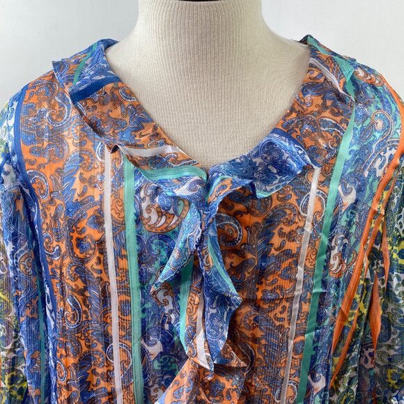 Ruby Rd. Womens Blue Orange Paisley Print Sheer Blouse With Ruffle Front Size XL - Picture 3 of 7